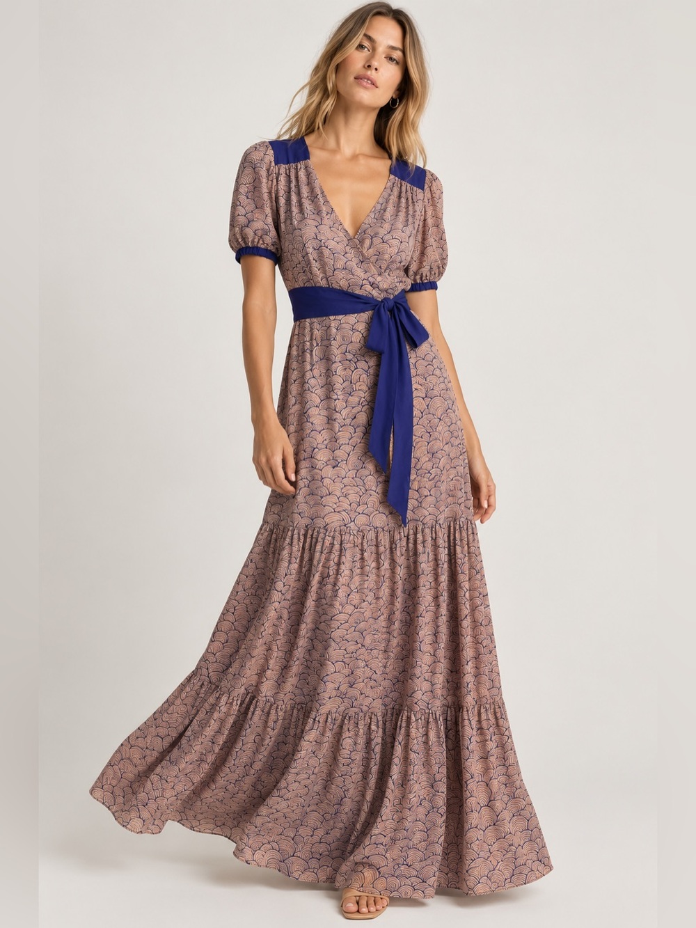 Monsoon 100% Silk Maxi Dress with Puff Sleeve Tie Waist Size 8